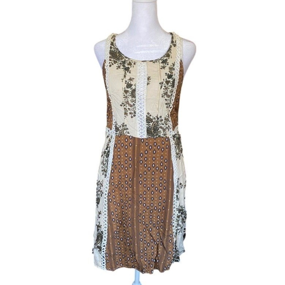 Mystree Patchwork Floral Paisley Brown Lace Shift Dress Small Boho Hippy Granola